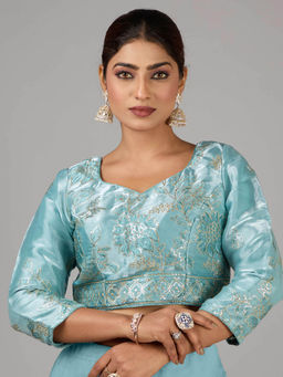 Ethnovog - Blue Organza Embroidered Sweetheart Neck Stitched Blouse