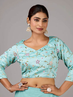 Ethnovog - Sea Green Art Silk Embroidered Neck Stitched Blouse