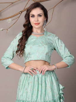 Ethnovog - Pistachio Green Chinon Embroidered Classic Stitched Blouse