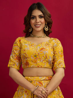 Ethnovog - Classic Yellow Crepe Printed Embroidered Stitched Blouse