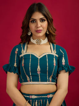 Ethnovog - Peacock Blue Georgette Embroidered Classic Stitched Blouse