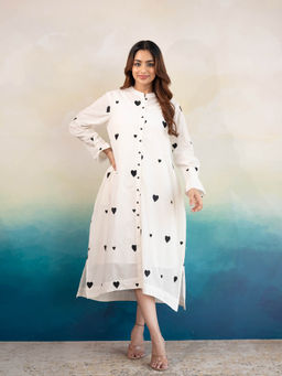 COTTONS DAILY - Rich Heart Printed White Cotton Midi Dress