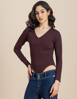 Moomaya - V-Neck Solid Cotton Bodysuit For Women Mauve