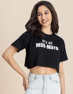 Moomaya - Round Neck Crop T-Shirt, Chic Casual Tee