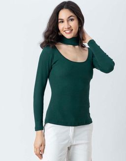 Moomaya - Women Solid Knit Turtle-Neck Casual Top