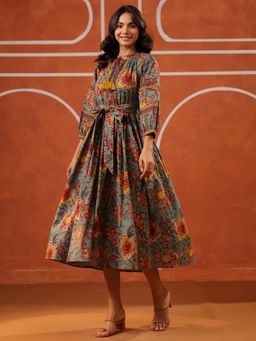 Jaipur Morni - Green Cotton Floral Flared Dress with Belt