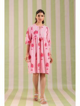 Jaipur Morni - Pink Cotton Abstract Flared Dress