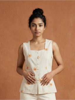 ZNKL - Cream Khadi Printed Top