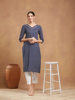 Fabclub - Navy Blue Rayon Abstract Straight Kurti