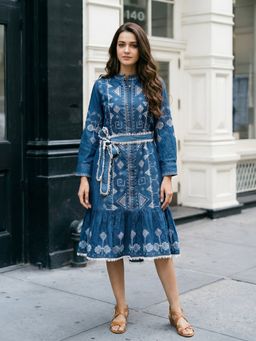 KAFTANIZE - Blue Cotton Embroidered A-Line Dress with Belt