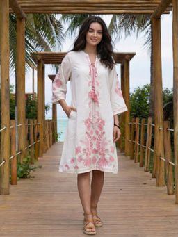 KAFTANIZE - White Cotton Embroidered A-Line Dress