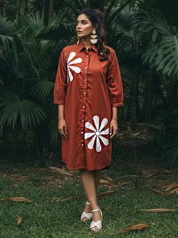KAFTANIZE - Rust Cotton Embroidered A-Line Dress