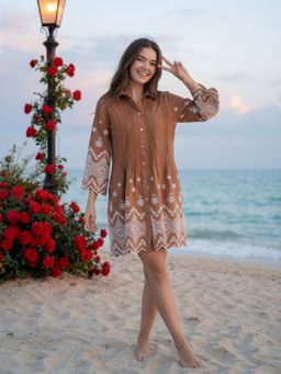 KAFTANIZE - Brown Cotton Embroidered A-Line Dress