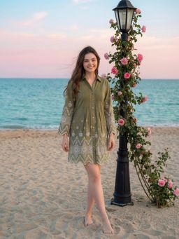 KAFTANIZE - Green Cotton Embroidered A-Line Dress