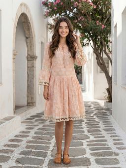 KAFTANIZE - Peach Cotton Embroidered A-Line Dress