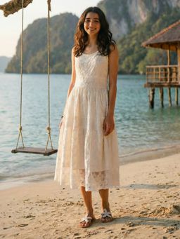KAFTANIZE - Off White Cotton Embroidered A-Line Dress