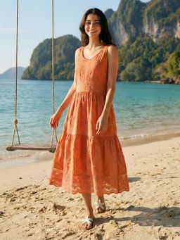KAFTANIZE - Orange Cotton Embroidered A-Line Dress
