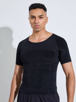 Styli - Men Black Solid Round Neck Slimming Body Shapewear T Shirt