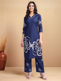Gahan - Womens Navy Blue Cotton Blend Printed Straight Kurta with Palazzo