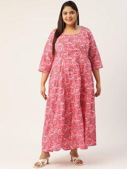 theRebelinme - Womens Pink Floral Printed Cotton Maxi Dress