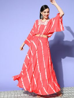 Yufta - Women Pink Tie Dye Stripes Print Rayon Co-Ord (Set of 2)
