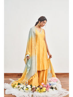 DISHA MUCHHALA - Yellow Kalidar Embellished Kurta with Palazzo and Dupatta (Set of 3)