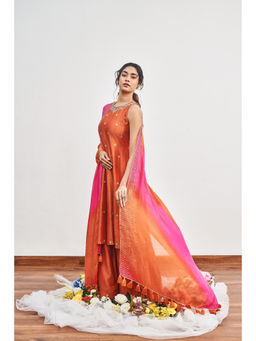 DISHA MUCHHALA - Burnt Rust Kalidar Embellished Kurta with Palazzo and Dupatta (Set of 3)