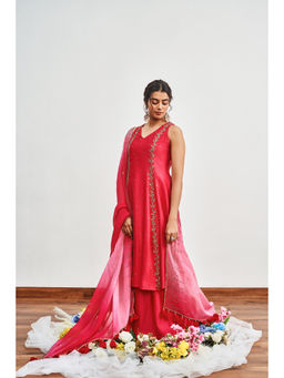 DISHA MUCHHALA - Crimson Pink Kalidar Embellished Kurta with Palazzo and Dupatta (Set of 3)