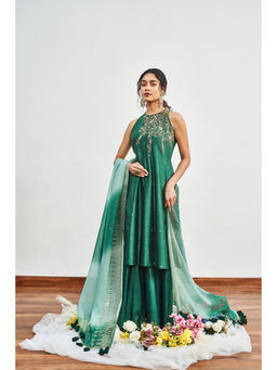 DISHA MUCHHALA - Bottle Green Kalidar Embellished Kurta with Palazzo and Dupatta (Set of 3)