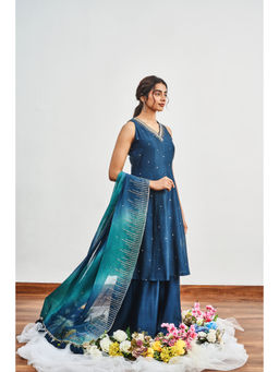 DISHA MUCHHALA - Blue Kalidar Embellished Kurta with Palazzo and Dupatta (Set of 3)