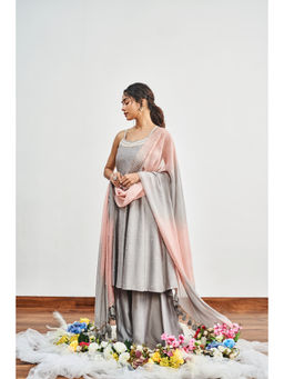 DISHA MUCHHALA - Grey Kalidar Embellished Kurta with Palazzo and Dupatta (Set of 3)