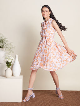 Twenty Dresses by Nykaa Fashion - Work Lavender And Orange Floral A Line Knee Length Dress