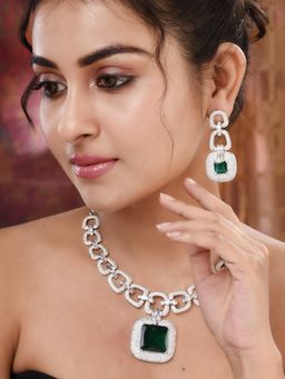 Saraf RS Jewellery - Silver Plated Green AD Encrusted Statement Necklace Jewellery Set