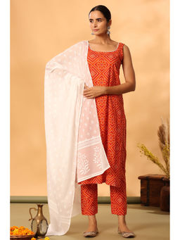 Pink Cactii - Orange Bandhani Kurta (Set of 3)