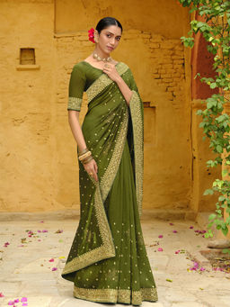 Odette - Green Vichitra Embroidered Saree with Unstitched Blouse