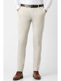 Peter England - Men Cream Textured Slim Fit Trousers