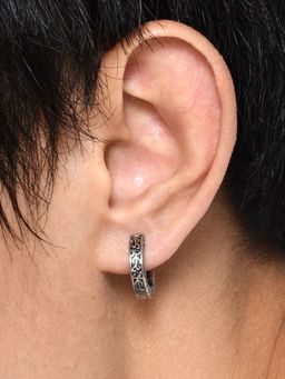 Peora - Silver Plated Pattern Style Hoop Earrings Men