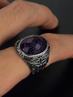 Peora - Silver Plated Black Stone Studded Finger Ring For Men (Us 9)