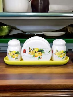 At Home by Nilkamal - Salt & Pepper Shaker, Napkin Holder With Tray (Yellow)