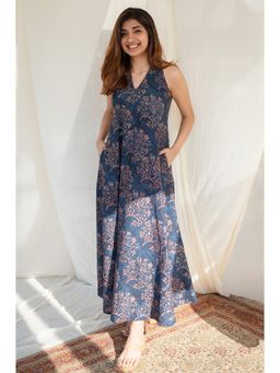 The Indian Ethnic Co. - Indigo Halter Neck Cotton Maxi Dress