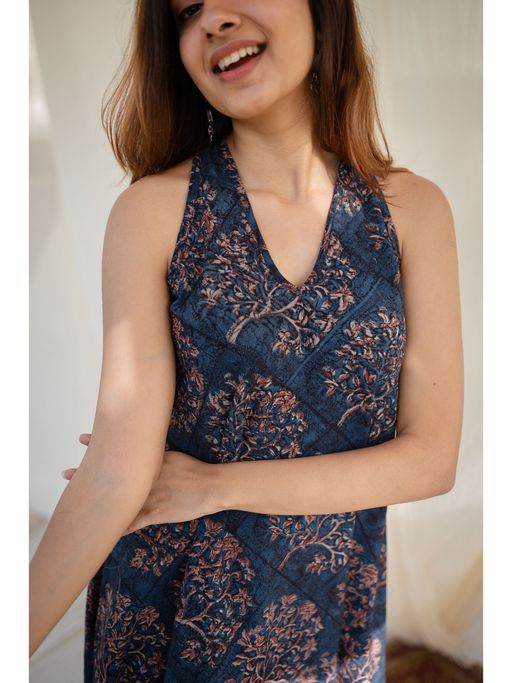 Buy The Indian Ethnic Co. Indigo Halter Neck Cotton Maxi Dress Online