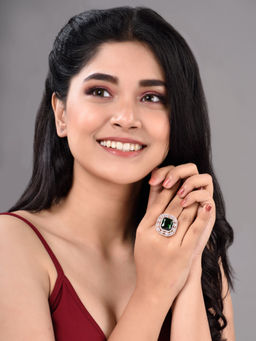 Saraf RS Jewellery - Rose Gold Plated Emerald Green Studded Adjustable Statement Cocktail Finger Ring (Adjustable)