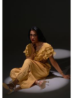 Western Era - Golden Ruffled Crop Top with Pleated Pant Co-Ord Set