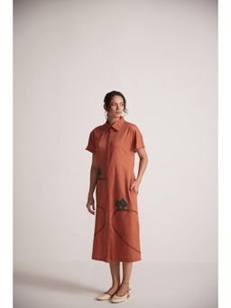 Western Era - Rust Long Shirt Dress with Front and Back Tree Embroidery