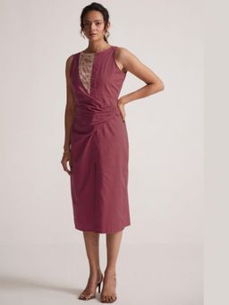 Western Era - Maroon Mid Dress with Side Drape and Mother Pearls Embellished On The Front Yoke