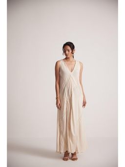 Western Era - Off-White Event Wear Long Dress with Front Lace Embroidery and Pockets