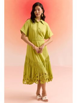 Western Era - Green Long Dress with Leaves Cutwork Embroidery On Bottom