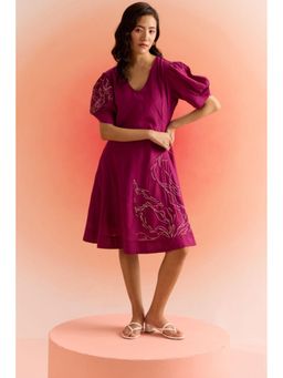 Western Era - Wine Dress with Puff Mesh Embroidered Sleeves and Dori Embroidery On Front