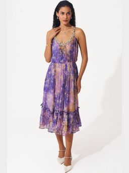 Western Era - Printed Organza Dress with Embellished Neckline