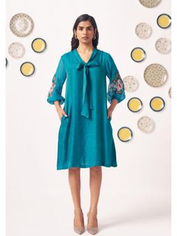 Western Era - Teal Bow-Tie Embroidered Sleeve Dress